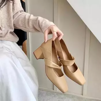 Square Head Soft Leather Thick High Heeled Mary Jane Womens Shoes Comfor British Style Shallow Ladys Pumps Footwear 35 бежевый