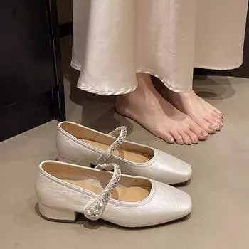 Square head thick heel fashion single shoes women s bag head sandals new rear empty shallow mouth middle heel Mary Jane shoes women s shoes 35