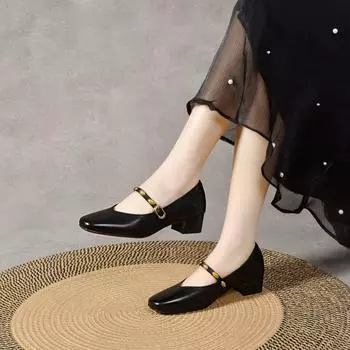 Square head thick heel Mary Jane shoes one-button golden beans shallow mouth single shoes women s medium heel cowhide high heels 34