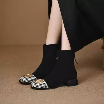 Square head thick heel metal buckle thin boots women s autumn and winter new middle heel rear zipper short boots thousand grid 35 чёрный