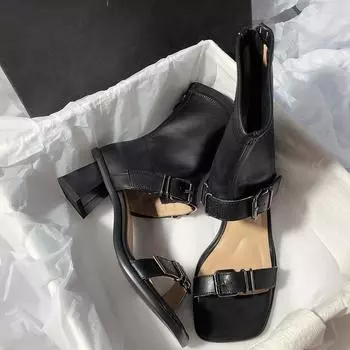 Square head thick heel open toe belt buckle high heel European and American fashion Internet celebrity style simple summer cool boots women 34 чёрный