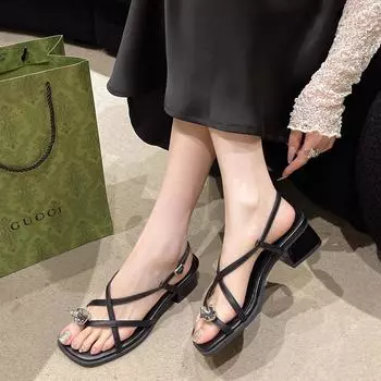 Square head thick heel toe sandals women s 2025 summer new one-word with open-toed Roman shoes niche pinch sandals 35 чёрный