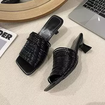 Square head with thin heel silver cool slippers women s 2025 summer high heel half drag wear silver gold simple slippers 35