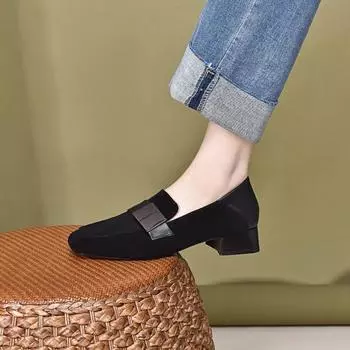 Square head women s autumn new square buckle single shoes two high black commuter work shoes 34