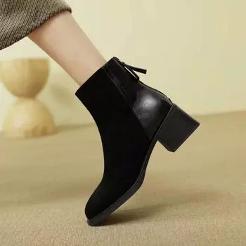 Square head women s boots first layer sheepskin temperament fashion boots thick heel rear zipper leather boots short boots 34