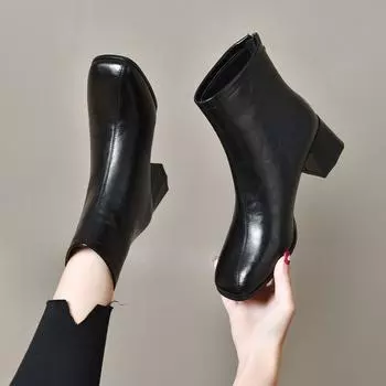Square head women s new thick heel rear zipper ankle boots high heel fashion boots leather boots 34