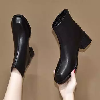 Square head women s niche personalized rear zipper basic straight boots first layer cowhide women s boots 34