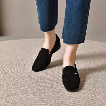 Square head women s spring new black sheepskin work shoes, foot shoes, two height four-season shoes 34