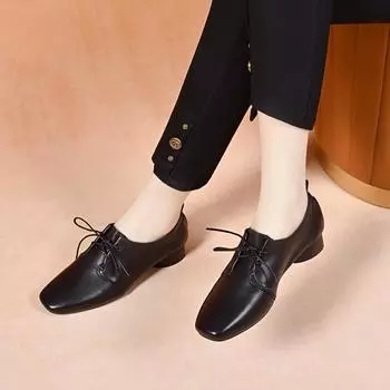 Square head women s spring new simple temperament lace-up small single shoes comfortable flat shoes women s small leather shoes 34