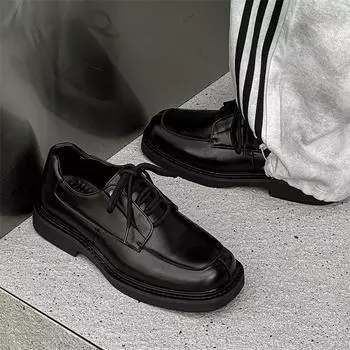 Мужские кожаные туфли с квадратным носком. Модный минималистский дизайн. Для отдыха на природе, вечеринок. Повседневная деловая обувь для офиса. 38 чёрный