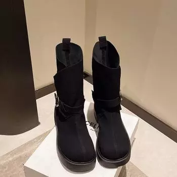 Square Heel Ankle Modern Boots Winter Slip-on Ladies Shoes on Sale 2024 Fashion Round Toe Mid Heel Belt Buckle Women s Boots 35 хаки