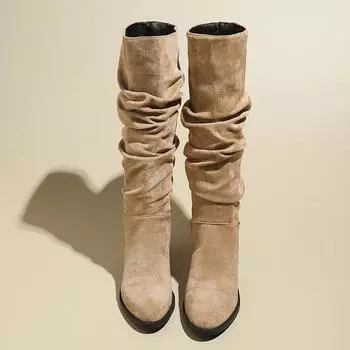 Квадратный каблук, высокие сапоги до колена, весна/осень, острый носок 2024, высококачественная женская обувь, однотонные женские сапоги на среднем каблуке 35 хаки