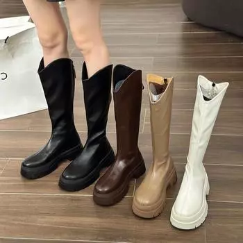 Square heel platform knight boots women s 2024 new retro fashion temperament thin boots small men wear Chelsea boots trendy 35 хаки