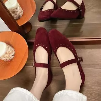 Square Heel Spring/autumn Ballet Flats Solid Buckle Strap Shoes Female 2024 High Quality Bling Concise Flats Sapatos Baixos 35 красный