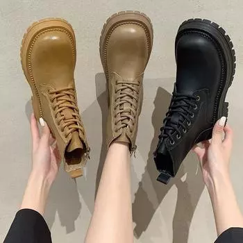 Square heel thick bottom side zipper fashion boots women s 2024 new fashion temperament short boots lace up thin boots tide 35 чёрный