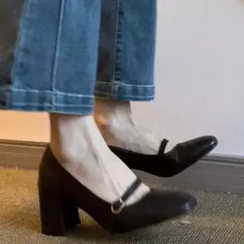 Square Heel Women Mary Jane Shoes Fashion Shallow Slip On Shoes Spring Autumn Retro Style Ladies Elegant Dress Pumps 35 чёрный