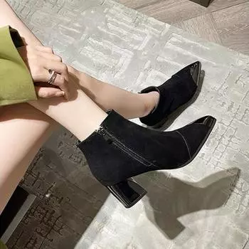 Square Heels Boots Women Autumn Early Winter Chelsea Boots Pointed Toe Sexy Ladies High Heels Black Shoes 35