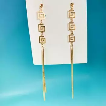 Square hollow earrings with tassel chain, sweet and elegant, long earrings for banquets and parties имбирный