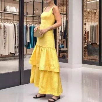 Square Neck Ruffled Halter Dress Fashion Women s Elegant Sleeveless Party Dress Socialite Style S жёлтый