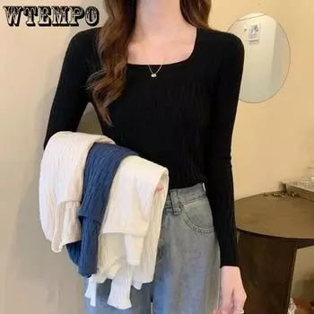 Square Neck Sweater Women s Fashion Slim Pullover Low-neck Long-sleeved Basic Knitted Sweater Autumn and Winter Solid Jumper S чёрный