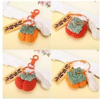 Square Persimmon Keychain Pendant with Wool Hook and Gift Box
