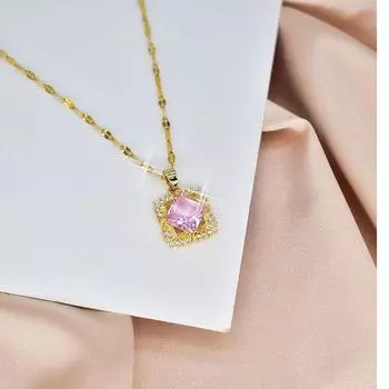 Square Pink Zirconium Necklace Women S Simple Temperament Zircon Pendant