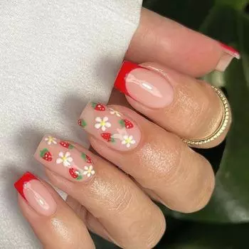 Square Press on Nail French Tip Fake Nails Glues on Nail Strawberry Designs Artificial Nails Acrylic Nail Stick On Nails