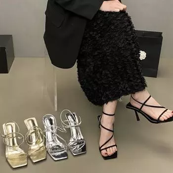 Square-toe Ankle Strap Fashion Sandals Woman Stiletto High Heels Banquet Party Shoes One-word Buckle Mules Sexy Heels Sandalias 35