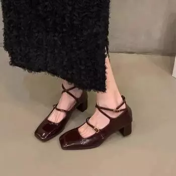 Square Toe Banquet 2025 Summer New Casual Thick High Heel Cross Buckle Strap Pumps Fashion Women Shoes 35