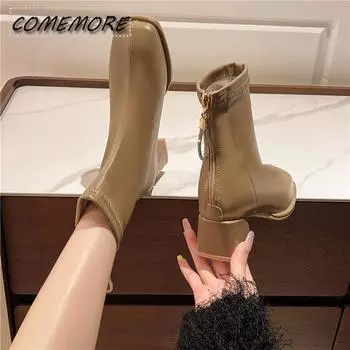Square Toe Boots Women s Autumn Winter Elastic Thick Heel Back Zip Ankle Boots Fashion 2025 Black Casual Shoes Comfortable Beige 35 бежевый