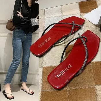 Square Toe Denim Rhinestone Flip-Flops Stiletto Comfort Casual Sexy Sandals Temperament Lady Shoes Summer Resort Beach Slippers 35 красный