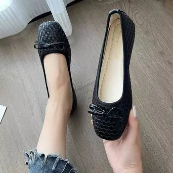 Square Toe Flat Shoes, Bow Bow Shallow Mouth Commuting Women s Shoes, Fairy Style French Soft Sole Versatile Work Shoes 36 чёрный
