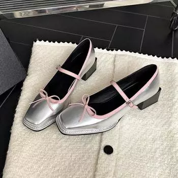 Square Toe High Heels Butterfly-knot Mary Janes Women Pumps Block Heel Buckle Strap Ladies Shoes Fashion Party Wedding Shoe 2024 35 чёрный