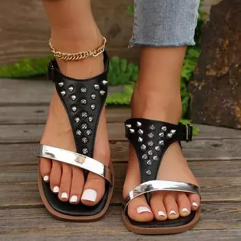 Женские пляжные сандалии с квадратным носком соответствующего цвета и заклепками, повседневные удобные новые нескользящие износостойкие женские сандалии на плоской подошве 36