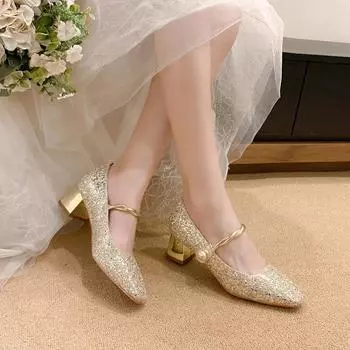 Square Toe Mid Heel Mary Janes Square Heel Party Female Shoes on Sale 2024 Fashion Buckle Strap Spring Bling Solid Pumps 34 серебряный