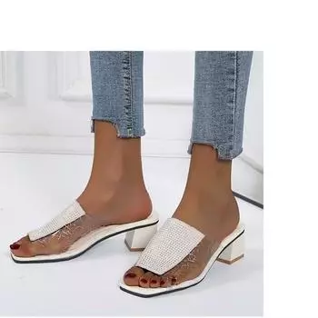 Тапочки с открытым носком и квадратным носком, женские модные босоножки на среднем каблуке со стразами, прозрачные женские сандалии из ПВХ, лето 2024 г., новинка 35 белый