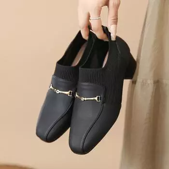 Square Toe Small Leather Shoes Black Breathable Comfortable Thick Heel Simple All-match Casual Ladies High Heels Autumntime 35 чёрный