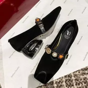 Square Toe Suede High Heels Women Shoes Luxury Winter Shoes 2025 Trend New Women Chunky Designer Shallow Fashion Boots Pumps 35 чёрный