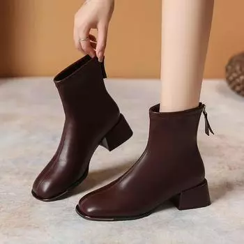 Square toe women ankle boots flock stretch shoes thin mid heels black/brown/beige back zipper dress sock boots woman size 34-40 34 чёрный
