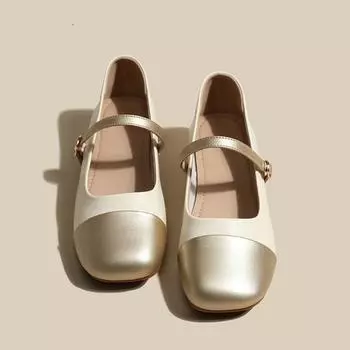 Square Toe Women Shoes Fashion Low Heel Mary Jane Shoes for Women Gold Heels Comfort Single Shoe New Elegant Ladies Ballet Shoes 35 бежевый