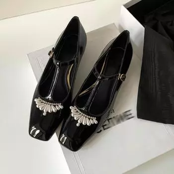 Square-toed Pearl Buckle Low-heeled Women s Shoes with A Shallow Opening 34