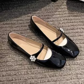 Square-toed Rhinestone Buckle Flat Ballet Single Shoes 34