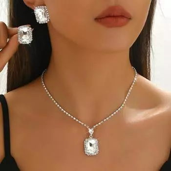 Square Water Drop Jewelry Two-Piece Necklace Earrings Square Pendant