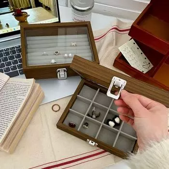 Square Wooden Jewelry Box Large Capacity Ring Display Holder Earring Organizer Jewelry Storage Style 2