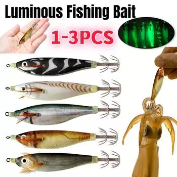 Squid Jig Bait Luminous Fishing Bait Wood Shrimp Fishing Tackle Simulation Squid Hook Fluorescent Fishing Lures Hard Bait Tackle 1PC серый