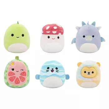 Squishmallows Original Micro Mallow, 6 шт. в упаковке, Дэнни Дейн, Малкольм, Лена, Гуава, Леонард Ной — динозавр, дракон, гриб, фрукт, лев, тюлень.