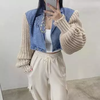 Сращенная джинсовая куртка женская осень-зима новые свободные куртки с длинным рукавом винтажные повседневные короткие пальто с отложным воротником One size синий