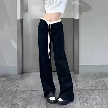 Сращенные черные прямые широкие брюки женские однотонные свободные повседневные брюки офисные женские туфли с высокой талией элегантные простые женские брюки 24208 S чёрный