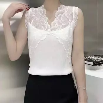 Сращенный кружевной сексуальный шелковый жилет с v-образным вырезом, женский новый весенне-летний вязаный топ без рукавов, тонкий топ на спине M белый