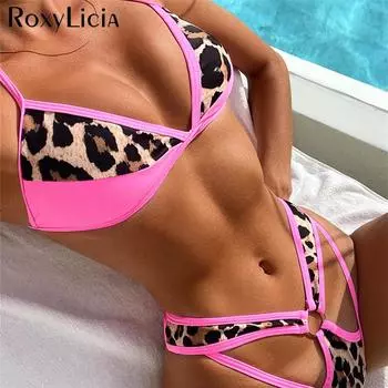Сращивание бикини с леопардовым принтом и вырезами, женские купальники, женский купальник, комплект из двух частей, купальный костюм, купальный костюм для женщин S розовый